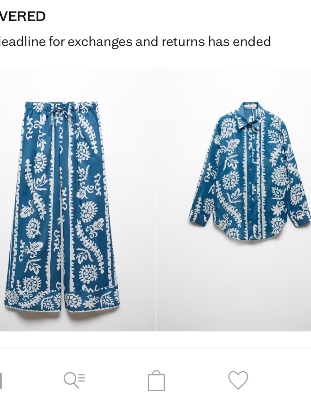 Mango SET. Blue Floral-Print Wide-Leg Trousers with Drawstring Waist and shirt